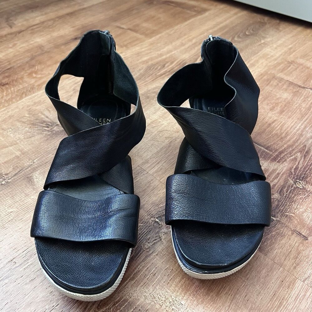 Eileen Fisher Sport Criss Cross Leather Platform‎ Sandals Women Sz 7 Black Zip